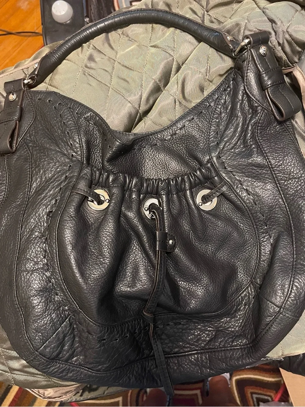 B. makowsky Black Leather Hobo with Silver-Tone Grommets
